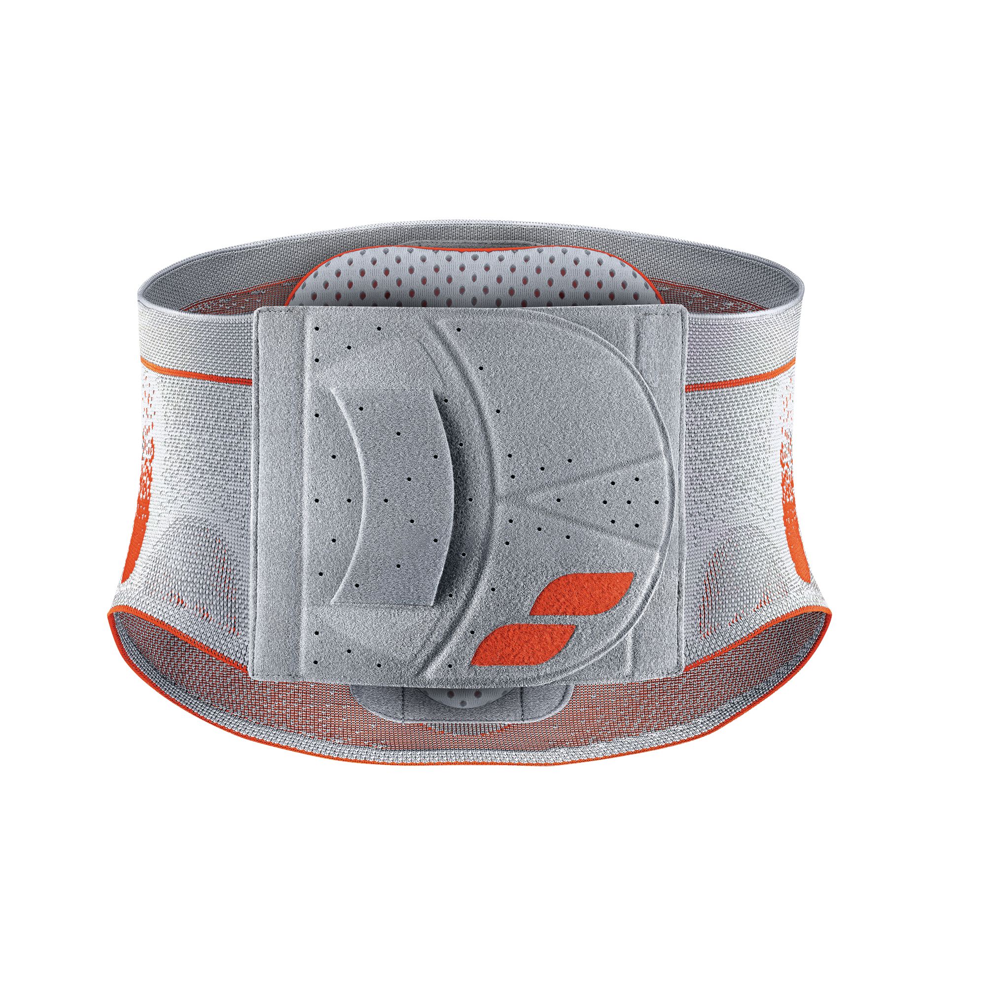 Rückenbandage, grau-orange. Mittig graues Element mit Aussparungen und Logo. Perforiertes Material. Auf weißem Hintergrund.