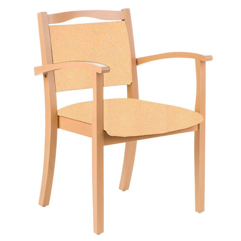 Seniorenstuhl mit Armlehnen. Holzrahmen, gepolsterte Sitzfläche und Rückenlehne in hellem Orange.