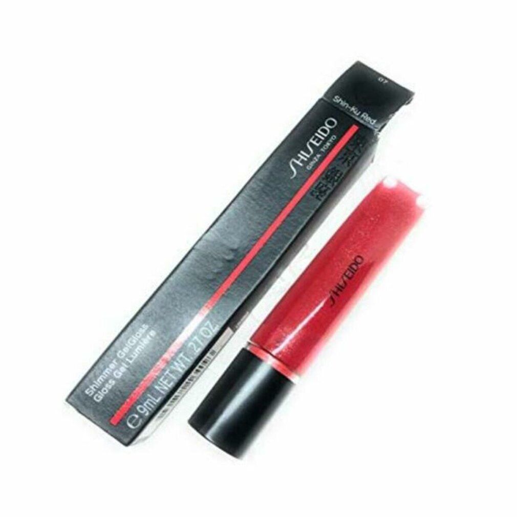 Roter Gel-Gloss und schwarze Verpackung. Auf der Verpackung steht Shiseido und Shimmer Gel Gloss. 9ml.