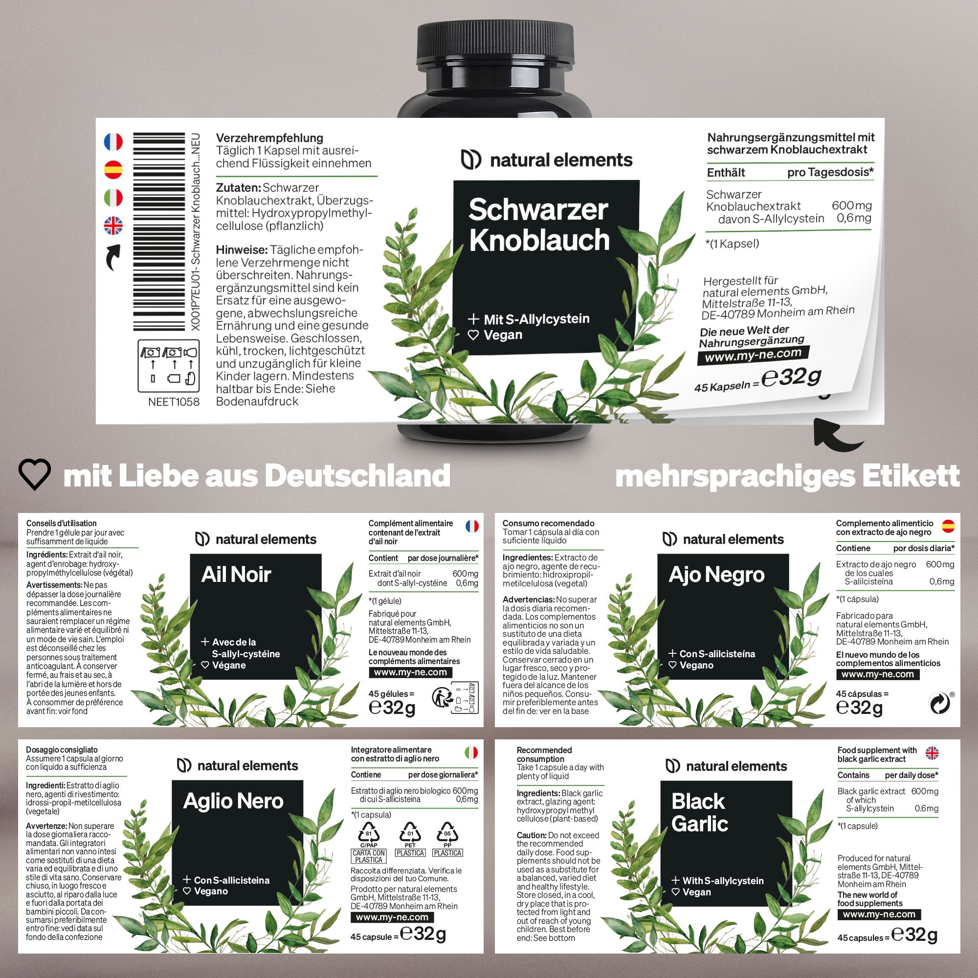 Mehrsprachiges Etikett mit Informationen zu Schwarzer Knoblauch. Enthält Informationen in Deutsch, Französisch, Italienisch, Spanisch, Englisch.