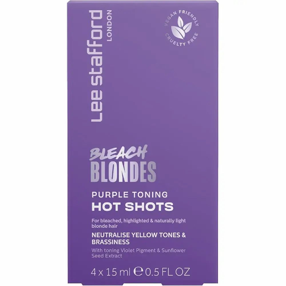 Lila Verpackung von Lee Stafford Bleach Blondes Hot Shots. Text: 4 x 15 ml, 0,5 fl oz. Vegan, tierversuchsfrei.