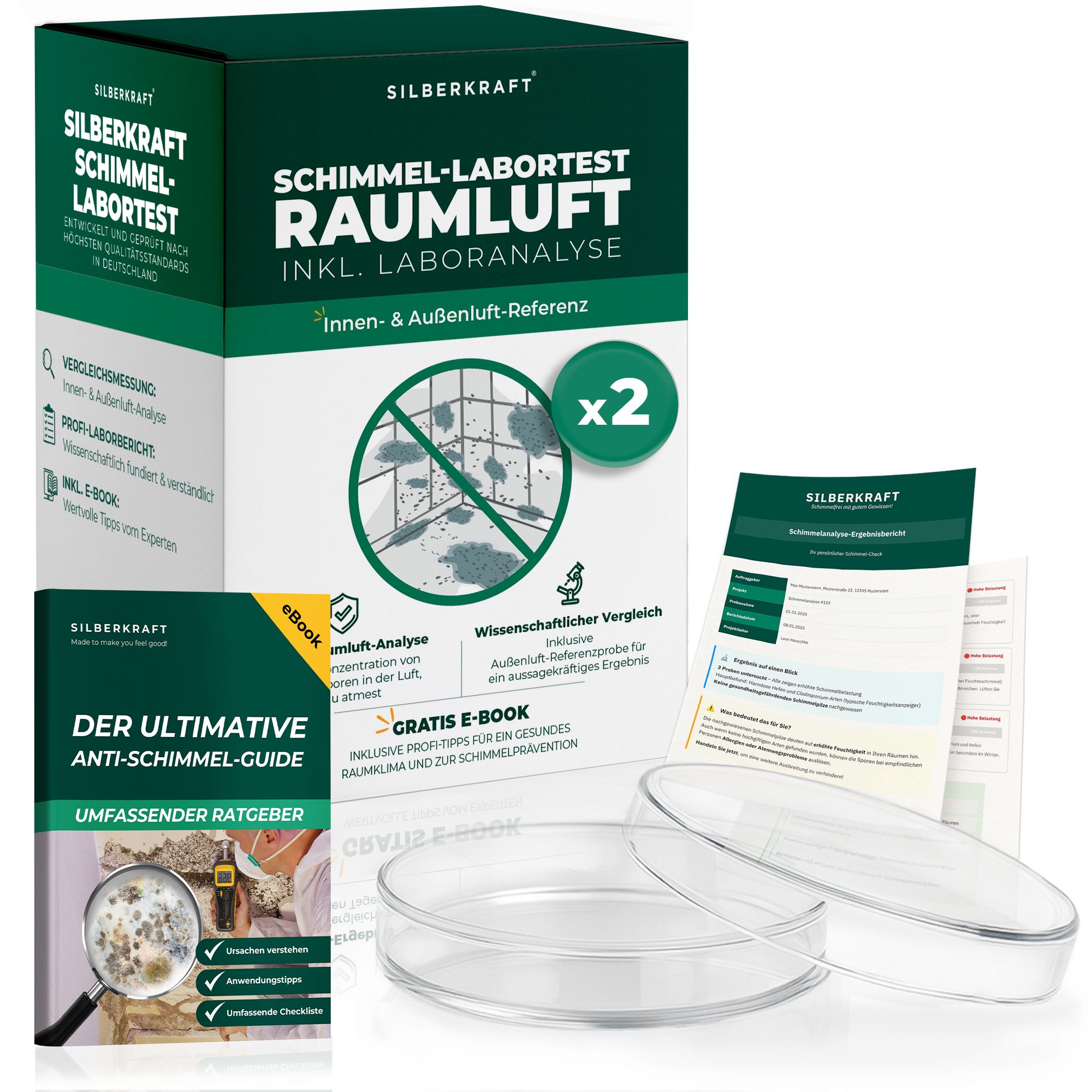 Produktverpackung mit Zubehör. Box mit Aufdruck „Schimmeltest Raumluft“. Enthält eBook, Petrischalen und Anleitungen.
