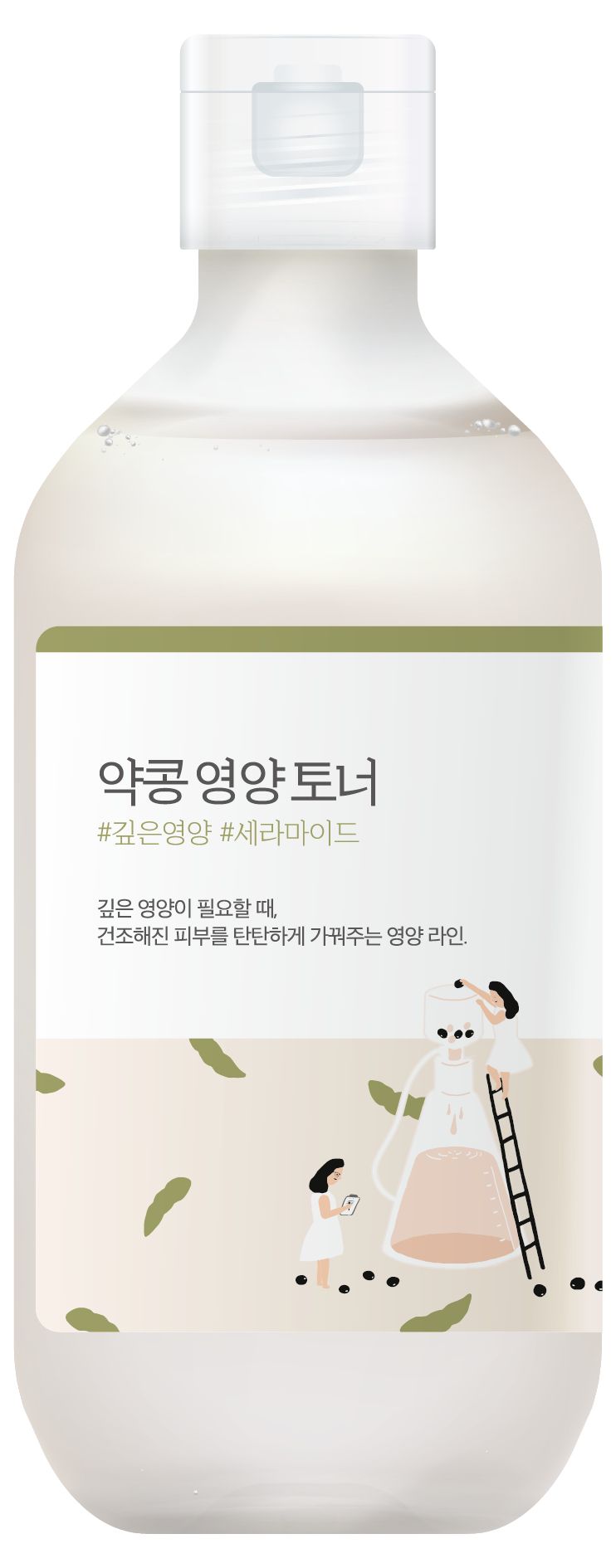 Weißliche Flasche mit Etikett und koreanischem Text. Abbildung mit Illustrationen und grünen Akzenten. Deckel oben.