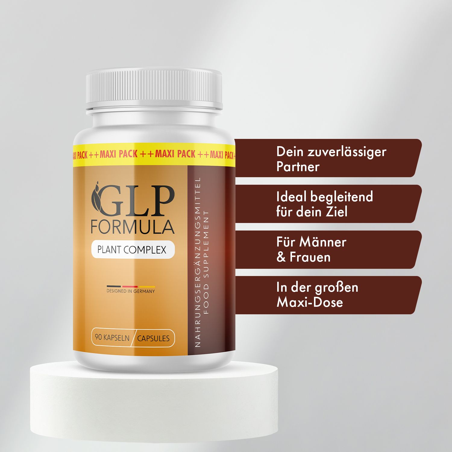 GLP Formula Plant Complex Kapseln Flasche auf Sockel. Braune Infobox mit Text: Dein zuverlässiger Partner, ideal für dein Ziel.