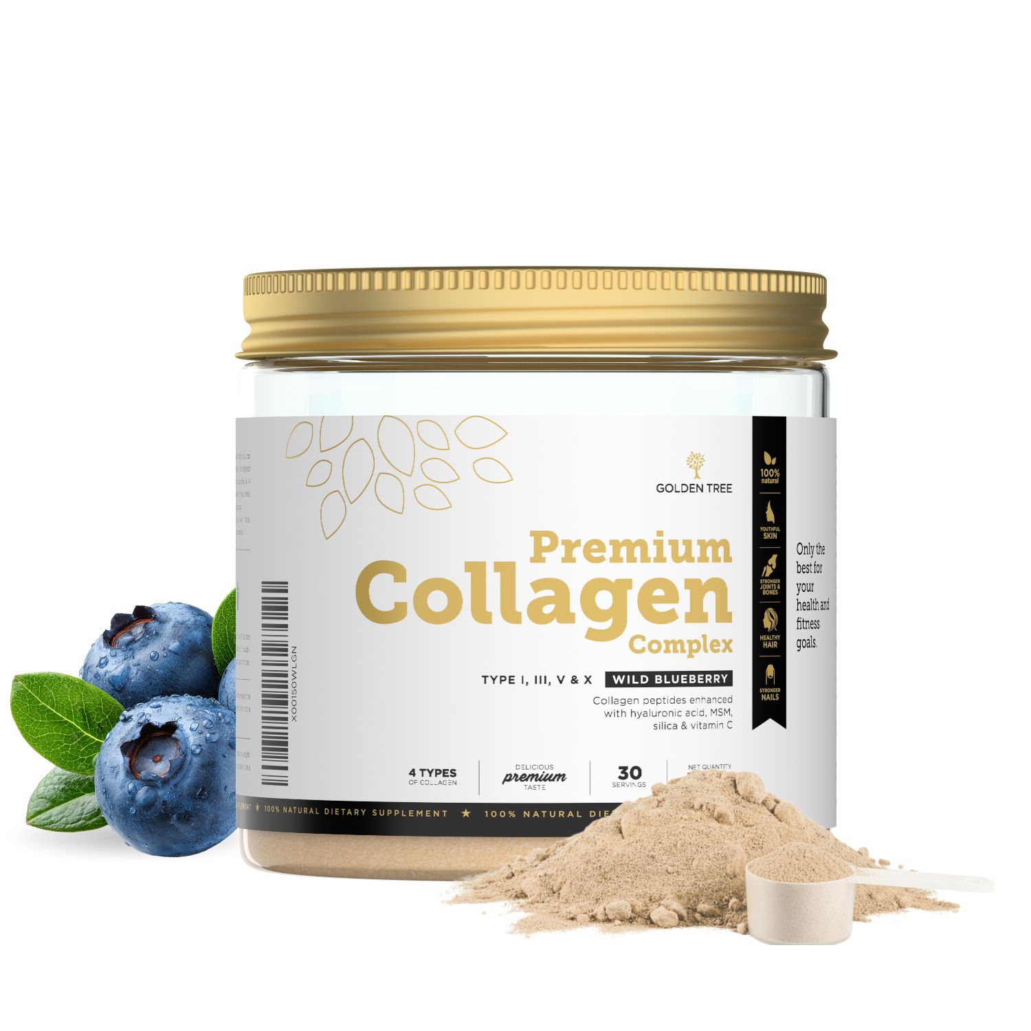 Golden Tree Premium Collagen Complex in einem Glasbehälter mit Blaubeeren und Pulver.