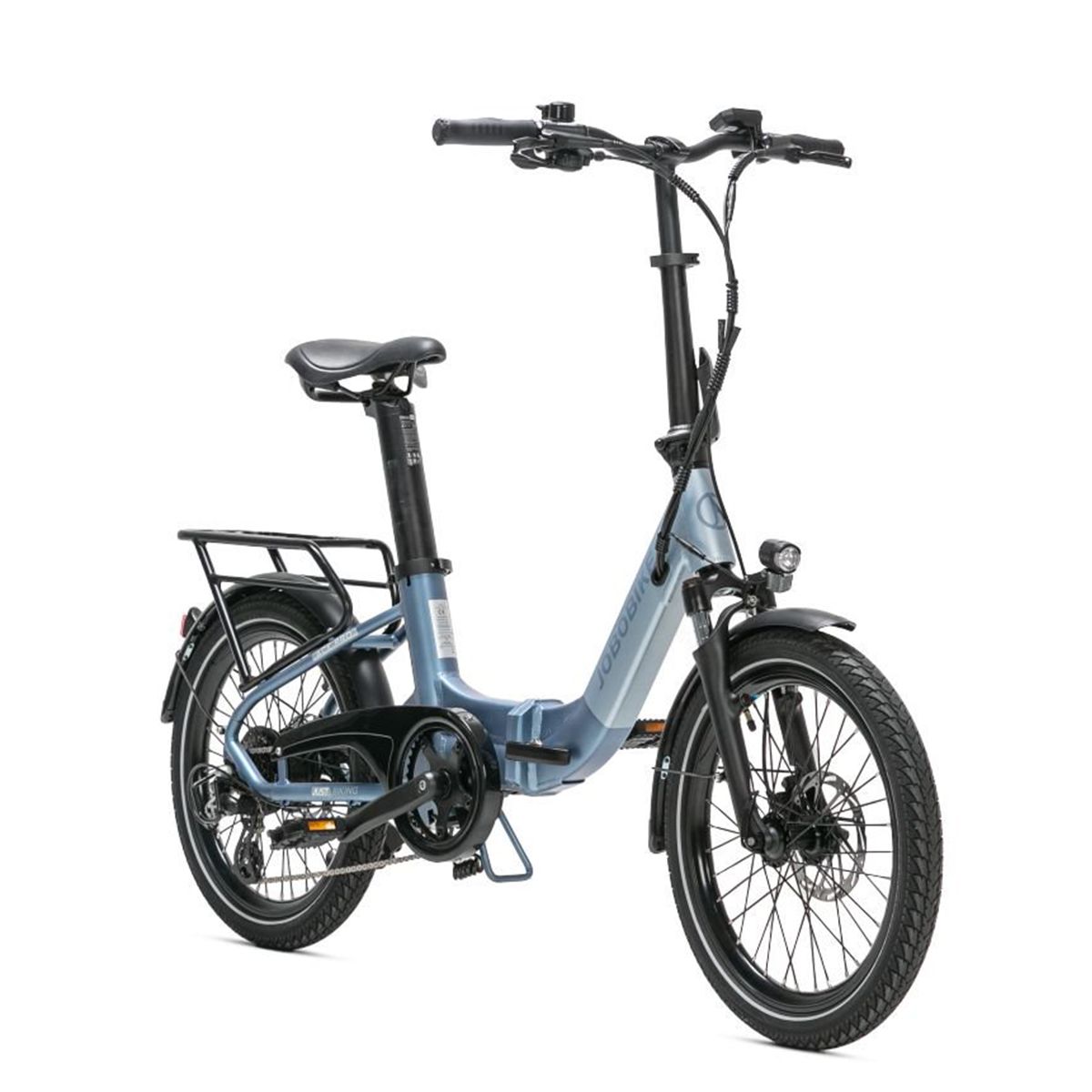 JOBOBIKE Ace Pro E-Bike, hellgrau. Schwarze Reifen, Gepäckträger, Sattel und Lenker. JOBOBIKE-Schriftzug.
