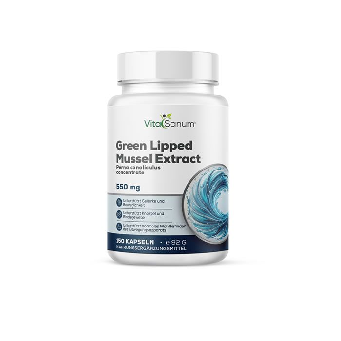 VitaSanum Grünlippmuschelkonzentrat Kapseln, 550 mg. Weißer Behälter mit Etikett, das Muscheln und Wellen zeigt.