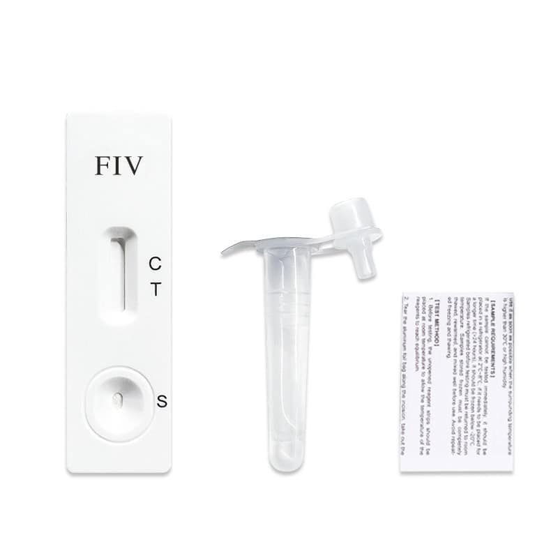 FIV-Testkit für Katzen: Testkassette, Probenröhrchen und Anleitung.