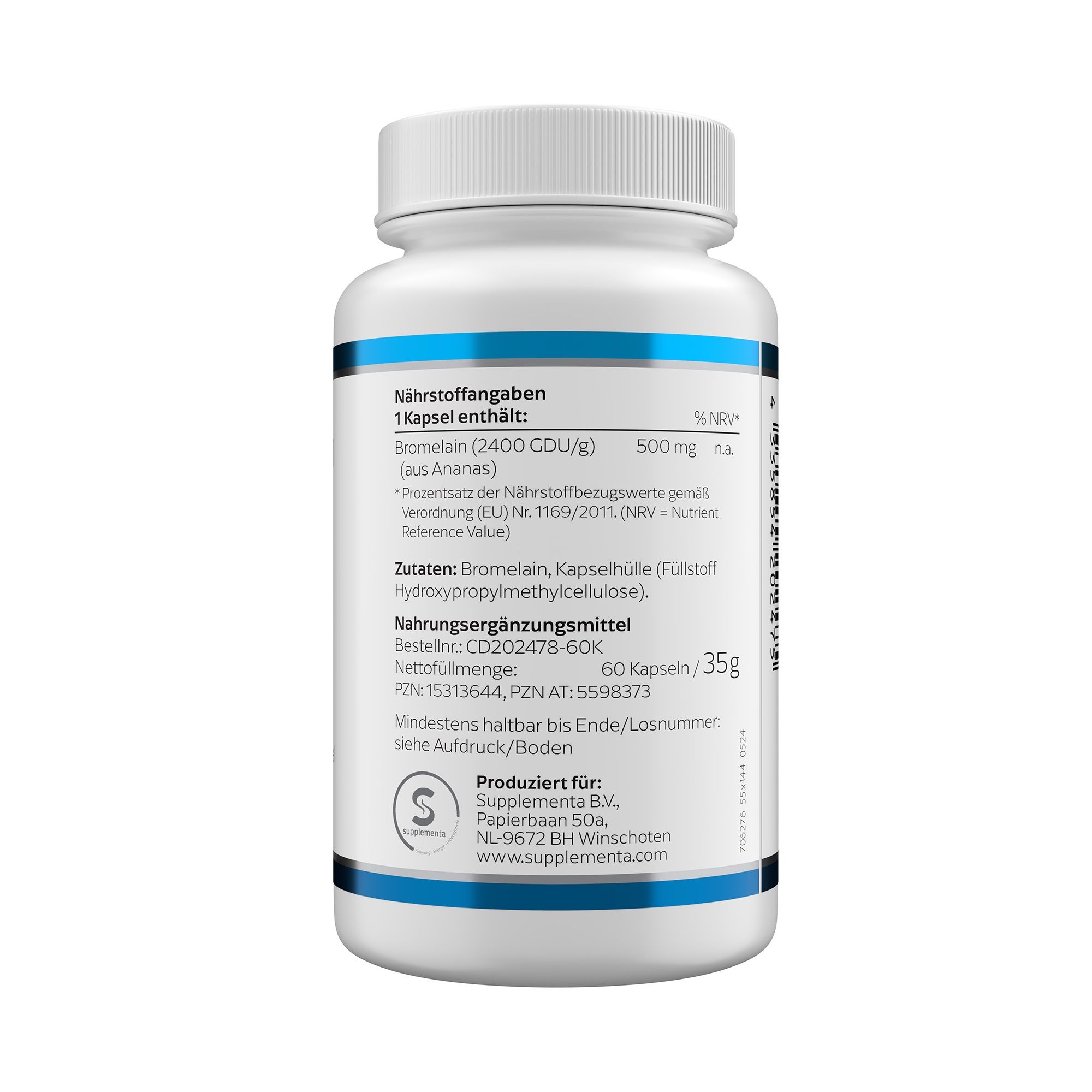 Rückseite der weißen Flasche. Enthält Nährwertangaben, Zutaten, Chargennummer, Mindesthaltbarkeitsdatum und Herstellerinformationen.