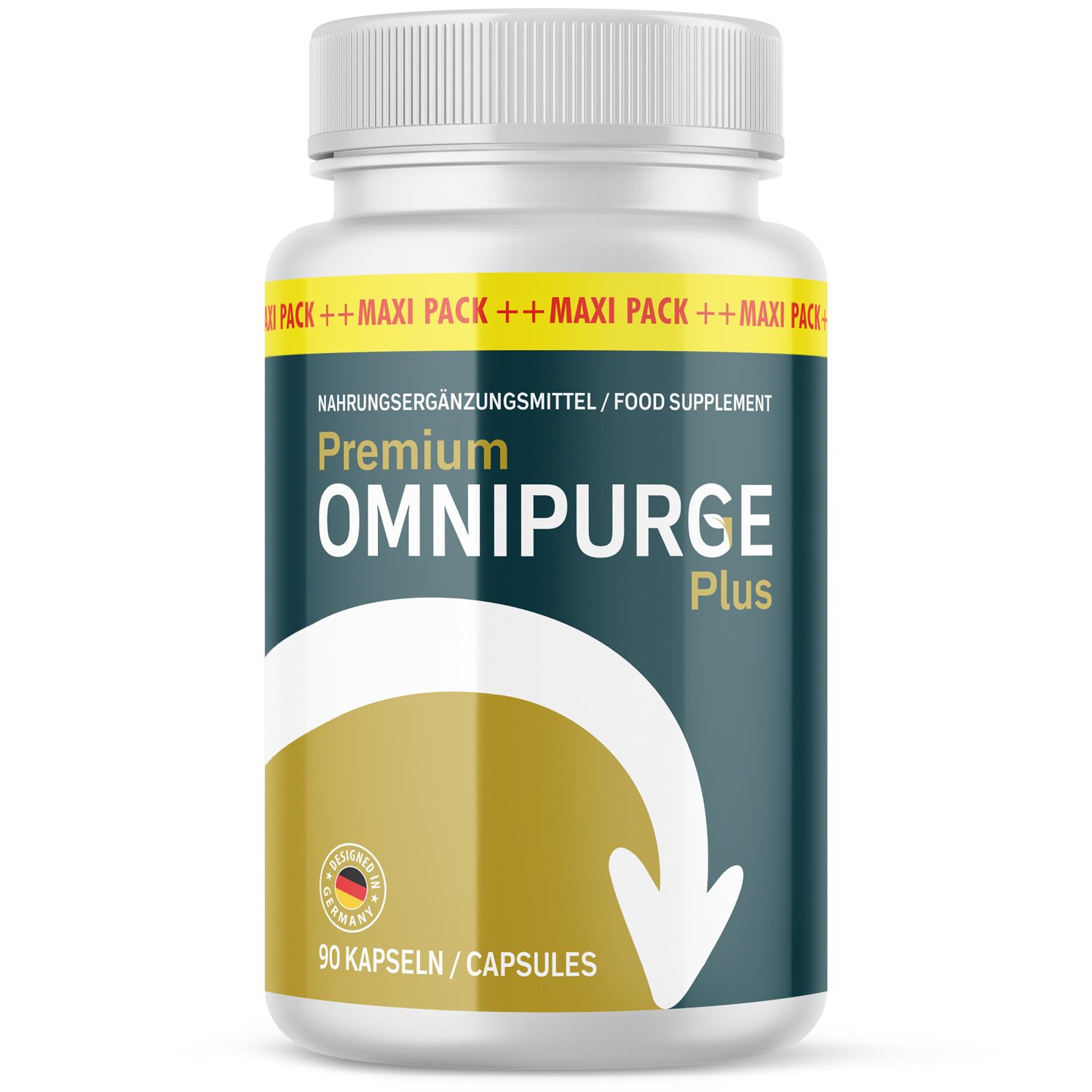 Premium Omnipurge Plus Kapseln: Weiße Dose mit gelb-blauem Etikett, 90 Kapseln.