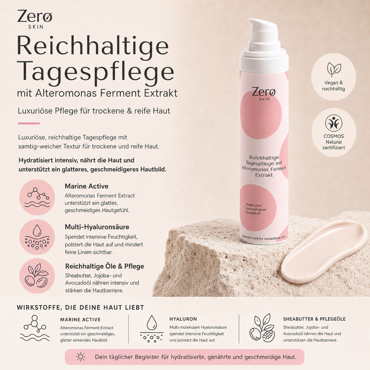 Produktwerbung für Zero Skin Tagespflege. Text, Inhaltsstoffe, Zertifizierung, Produktabbildung.