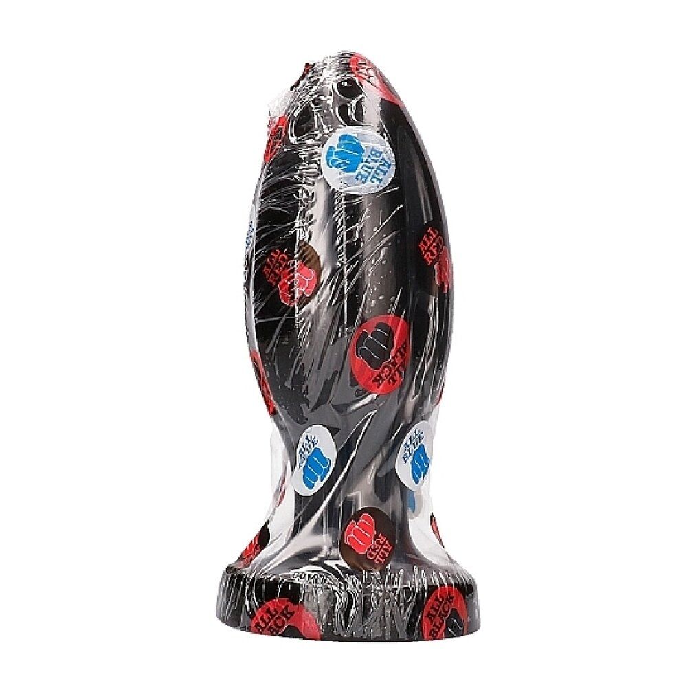 Schwarzer Analplug in transparenter Verpackung. Auf der Verpackung sind Aufkleber mit "ALL BLACK" und einem Faust-Logo angebracht.