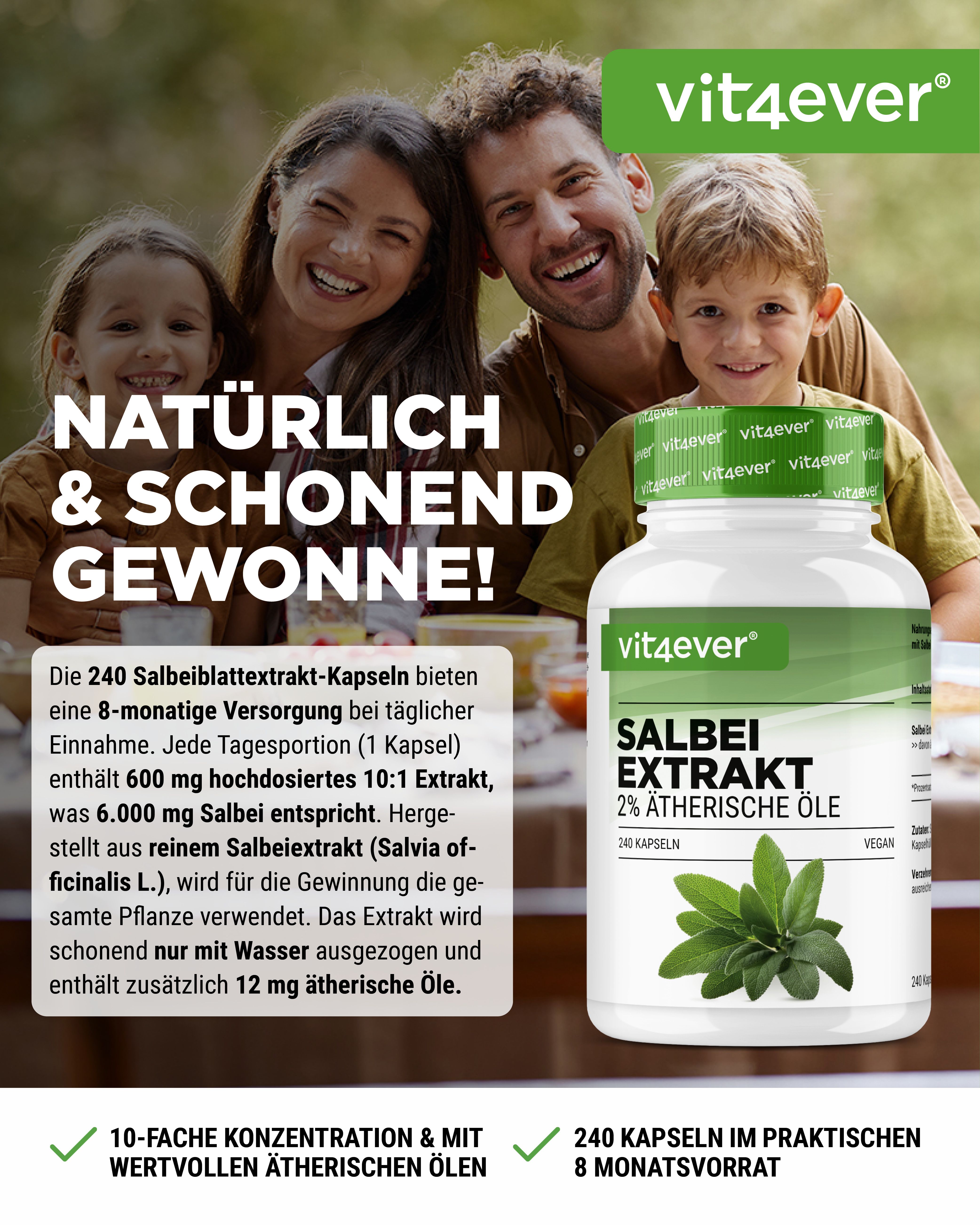 Familie mit Produkt. Flasche mit Salbei Extrakt, 2% ätherische Öle, 240 Kapseln. Text: Natürlich & schonend gewonnen! 8-Monatsvorrat.