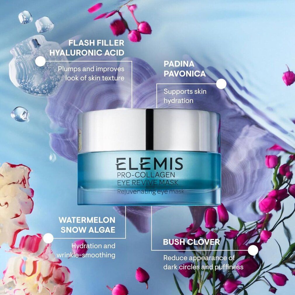 Produktverpackung: Tiegel mit blauem Deckel. Text: Elemis Pro-Collagen Eye Revive Mask. Zusätzliche Inhaltsstoff-Informationen.