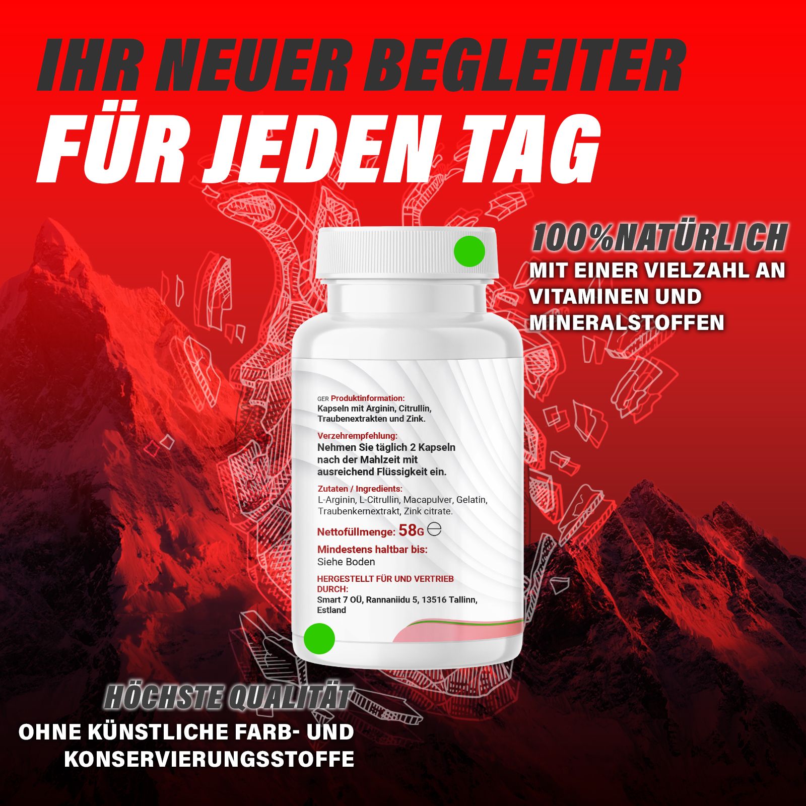 Flasche mit Kapseln auf rotem Hintergrund. Text: IHR NEUER BEGLEITER FÜR JEDEN TAG. 100% NATÜRLICH. Ohne künstliche Farb- und Konservierungsstoffe.