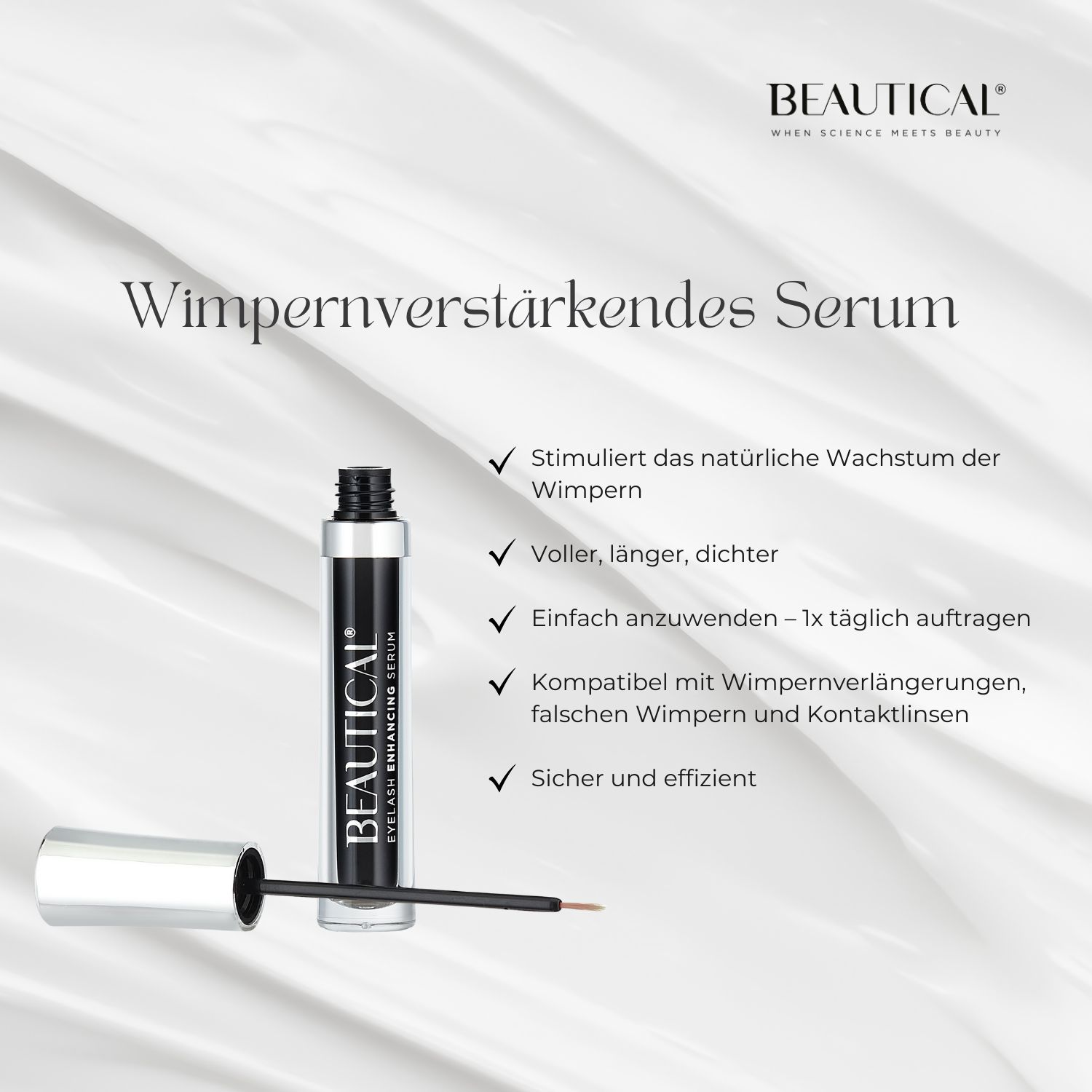 BEAUTICAL Eyelash Enhancing Serum. Flasche, Applikator und Vorteile: Stimuliert das Wachstum.