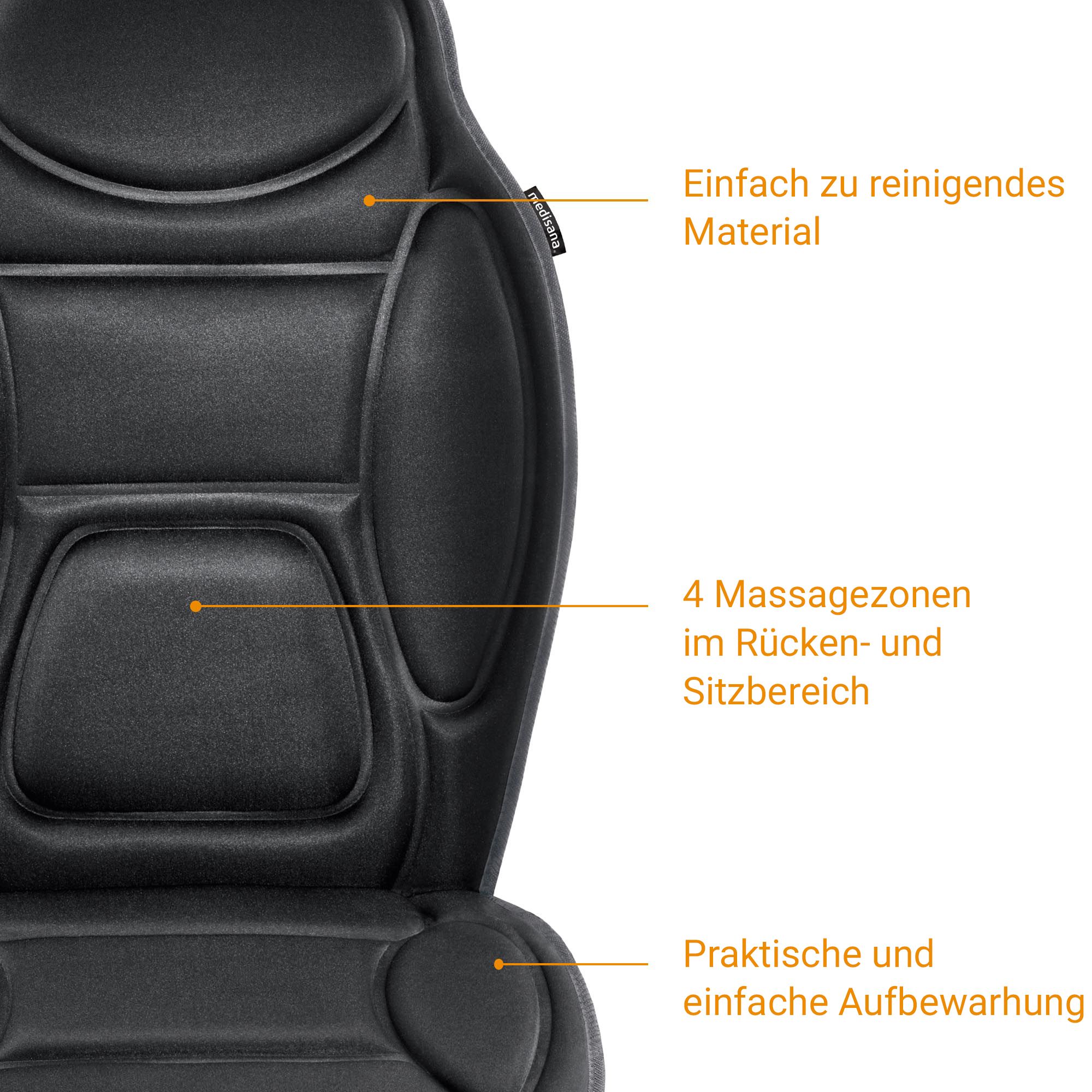 Detailansicht der schwarzen Massagesitzauflage mit 4 Massagezonen und pflegeleichtem Material.