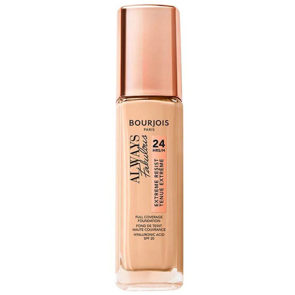Bourjois Always Fabulous Foundation-Flasche mit roségoldener Kappe. Beige Foundation. Aufschrift.