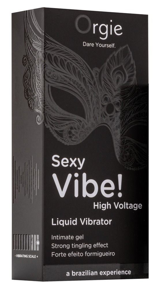 Schwarze Produktverpackung. Marke Orgie, Produktname Sexy Vibe! High Voltage. Masken-Design. Text: Liquid Vibrator.