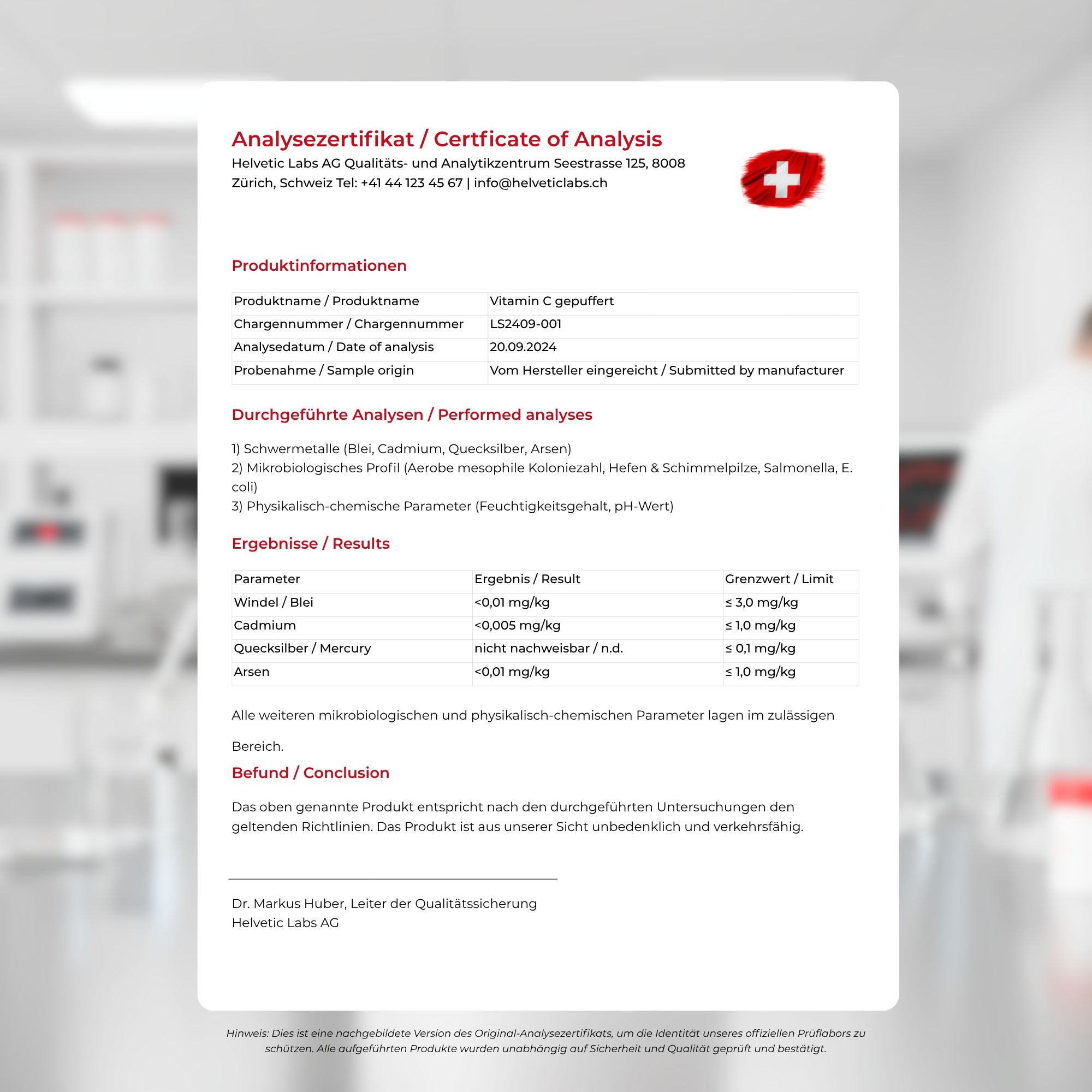 Analyse Zertifikat. Text: Vitamin C gepuffert. Ergebnisse und Resultate. Unterschrift: Dr. Markus Huber.