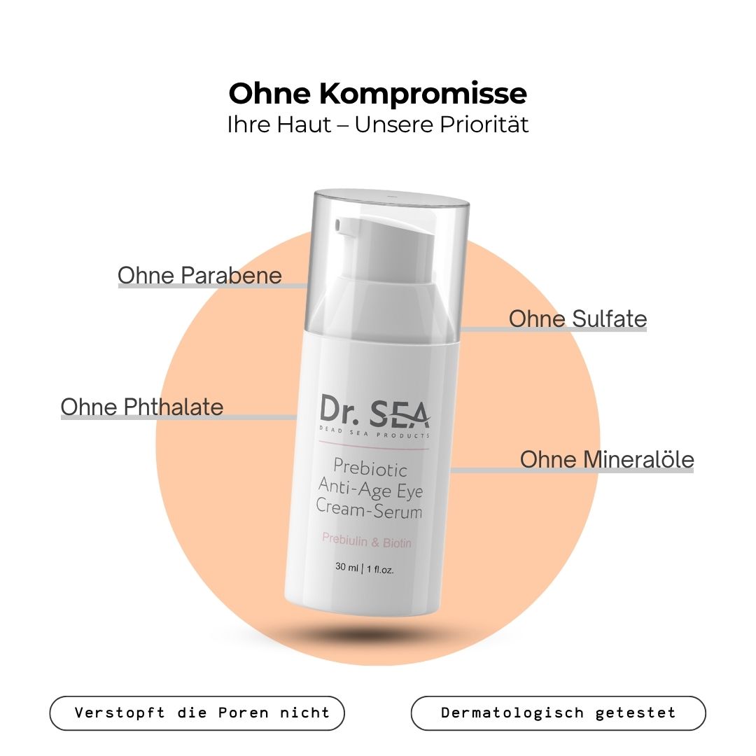 Weiße Flasche mit Dr. SEA, Anti-Aging Augencreme-Serum. Präbiotika & Biotin. Auf orangefarbenem Hintergrund.