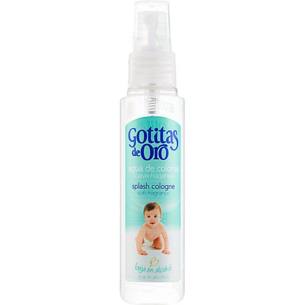 Transparente Flasche mit Zerstäuber. Aufschrift: Gotitas de Oro, Agua de colonia, splash cologne. Baby-Illustration.