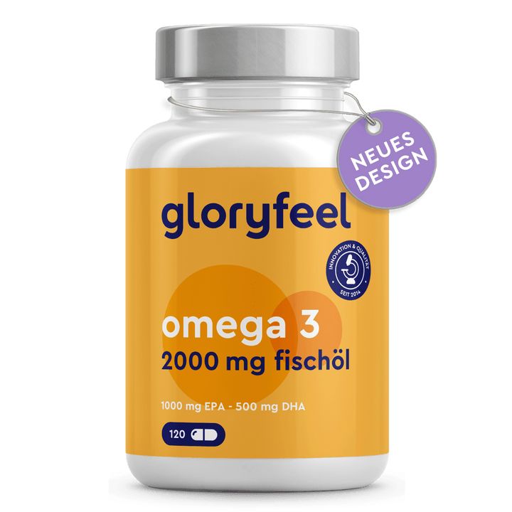 Weißes Fläschchen mit Kapseln, gelbem Etikett und Aufschrift Omega 3 2000 mg Fischöl. Lila Anhänger mit "Neues Design".