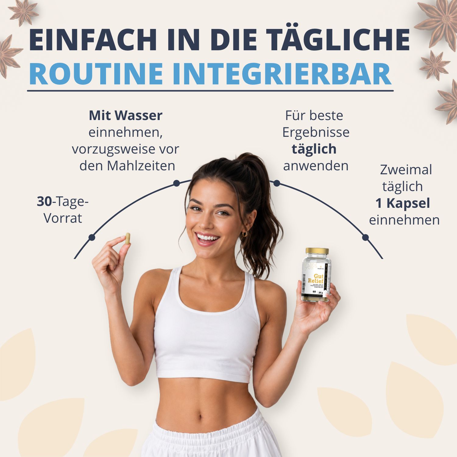Frau hält eine Flasche Golden Tree Gut Relief und eine Kapsel. Text erklärt tägliche Einnahme und 30-Tage-Vorrat.