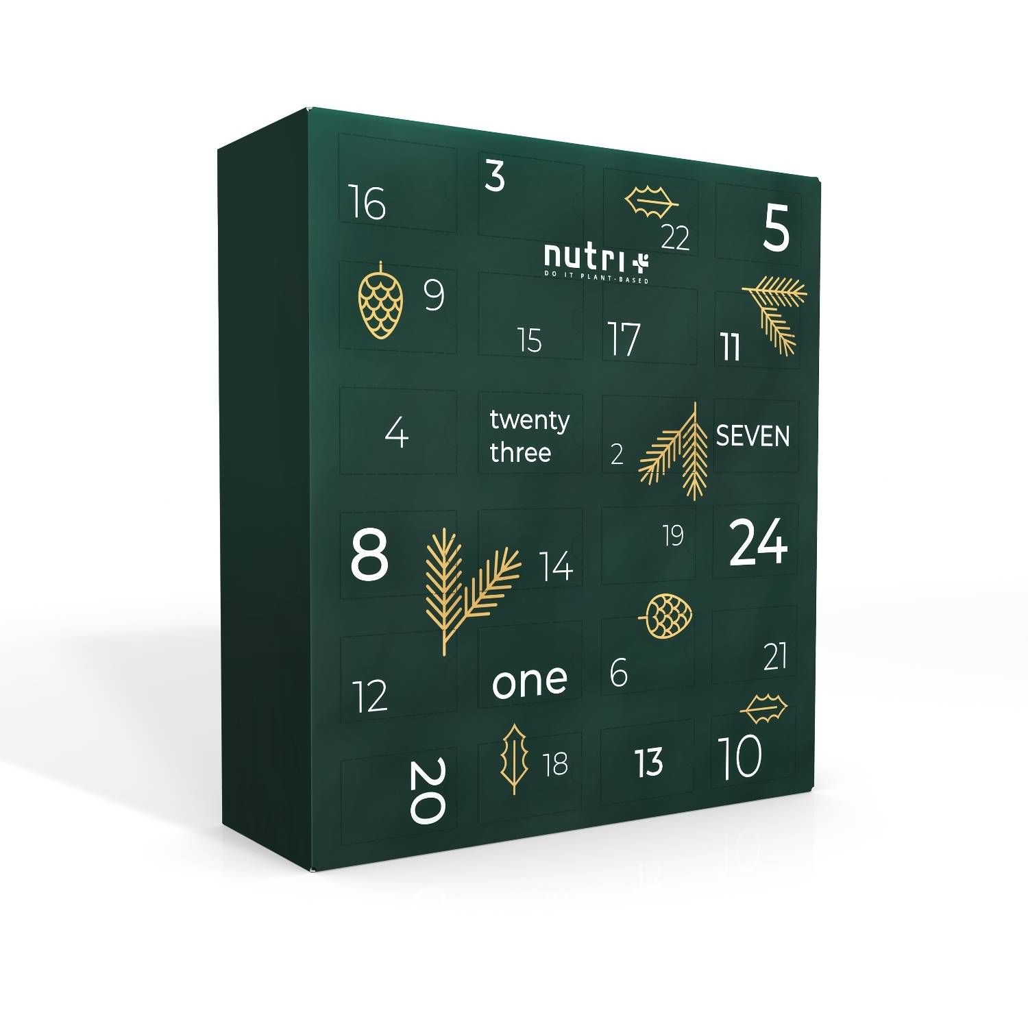 Adventskalender, dunkelgrün, mit Zahlen und goldenen Verzierungen. Das Logo Nutri+ ist sichtbar.