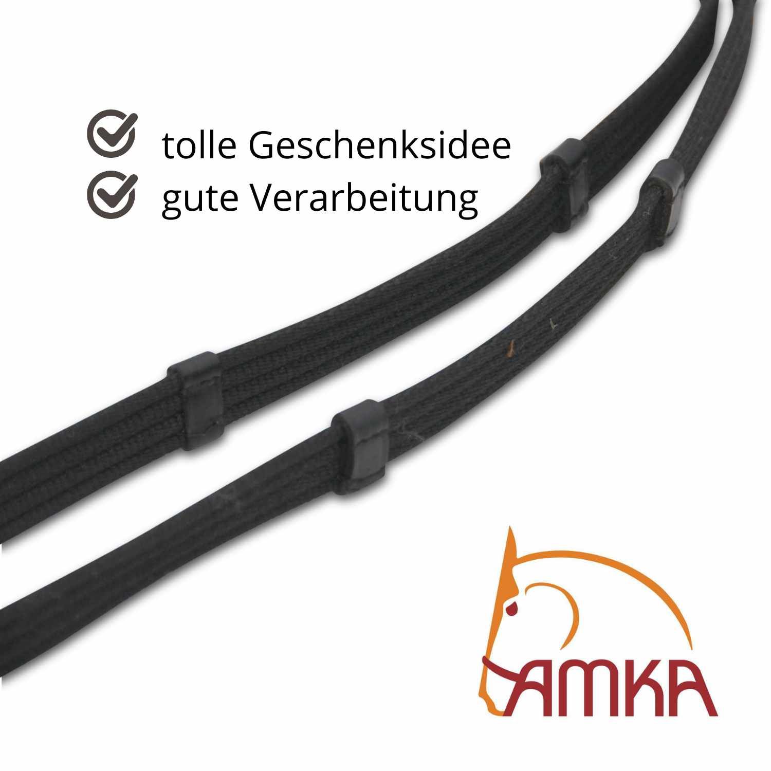 Schwarze Zügel mit AMKA Logo. Text: tolle Geschenkidee, gute Verarbeitung.