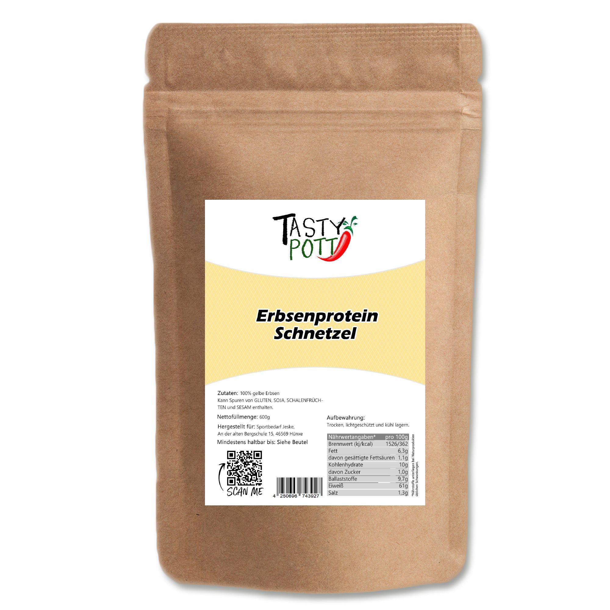 Braune Papiertüte mit Etikett: TASTY POTT Erbsenprotein Schnetzel. Nährwertangaben und Zutaten sichtbar.