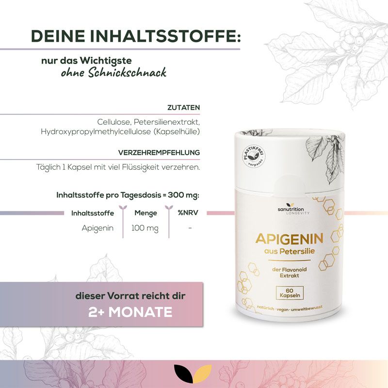 Produktabbildung Sanutrition® Apigenin. Aufschrift: Apigenin aus Petersilie, 60 Kapseln. Zusätzliche Informationen: Inhaltsstoffe, Dosierung.