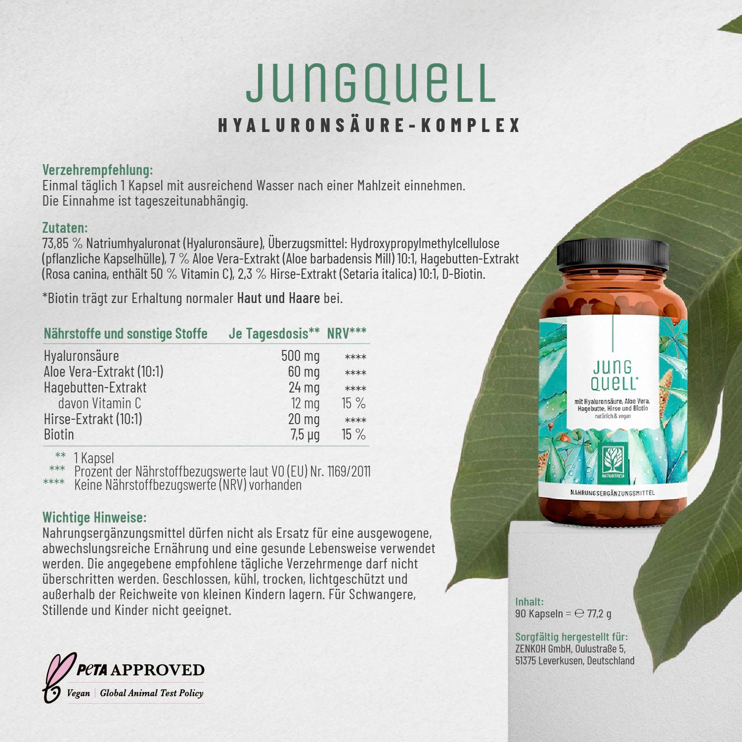 Komplex mit Hyaluronsäure, Aloe Vera, Hagebutte und Biotin - Jungquell - NATURTREU®