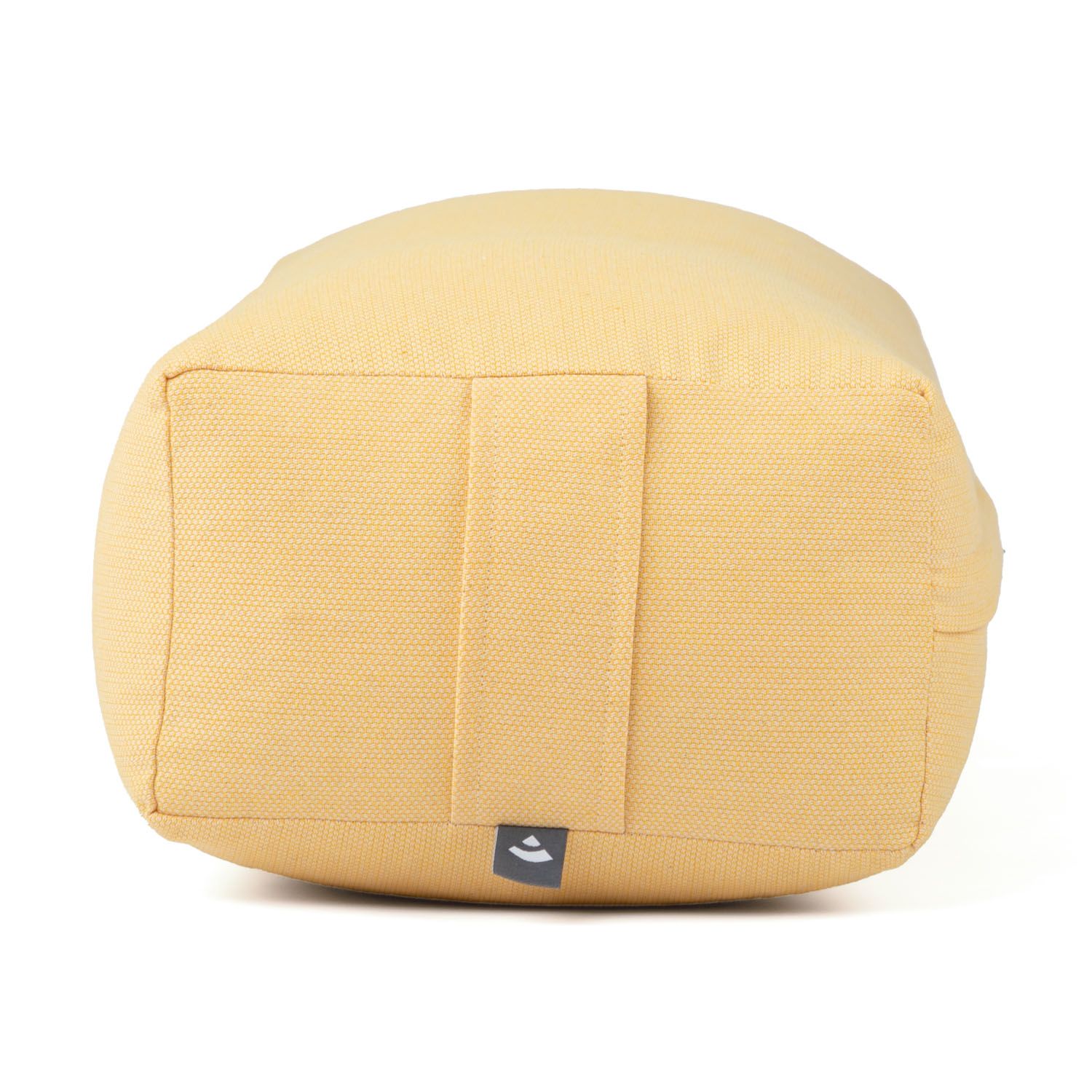 Gelbes Yoga-Bolster. Dobby-Stoff. Rechteckige Form. Mit Logo-Label.