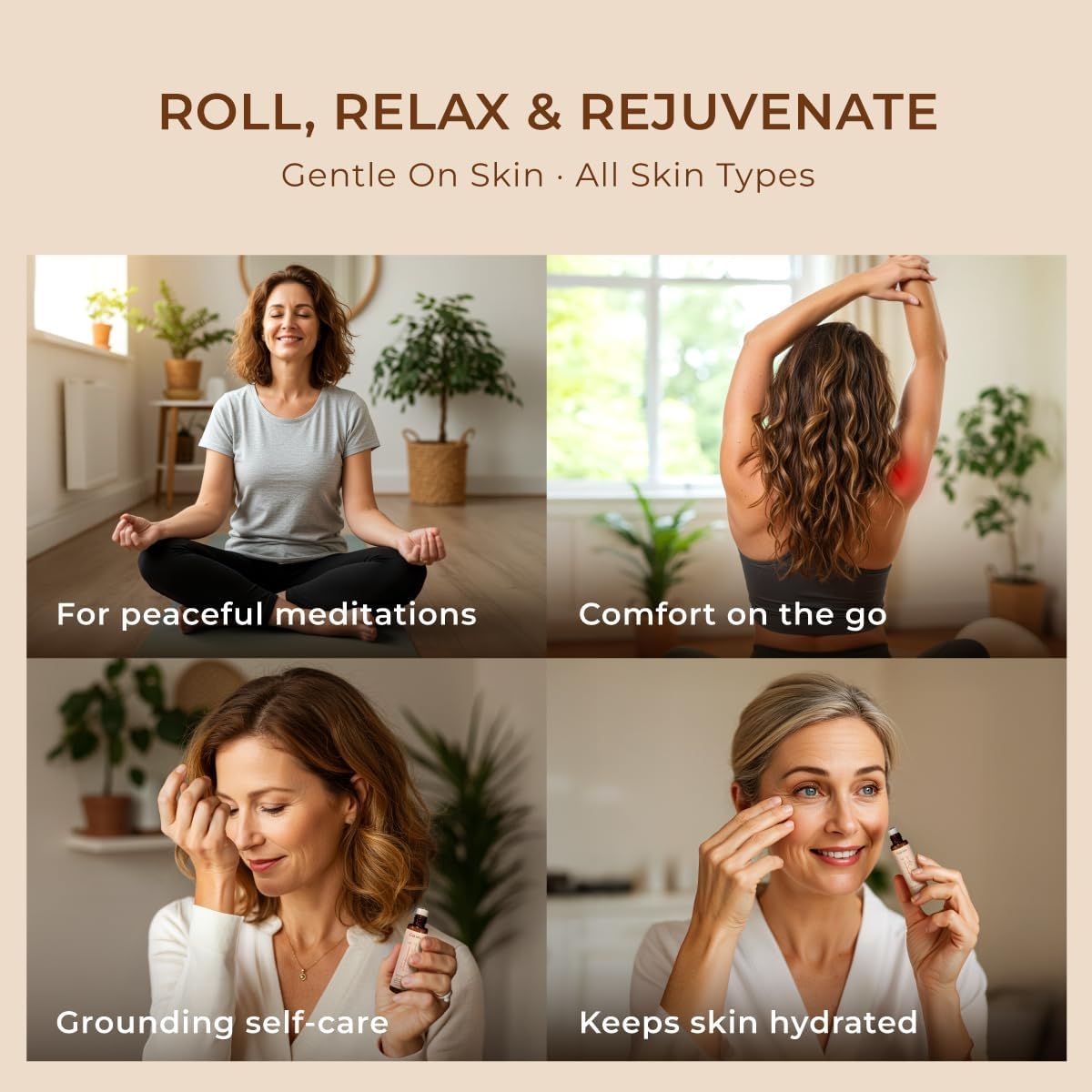 Vier Bilder zeigen Frauen, die das Produkt verwenden. Text: Rollen, entspannen und verjüngen. Sanft zur Haut. Für friedliche Meditationen, Komfort für unterwegs.