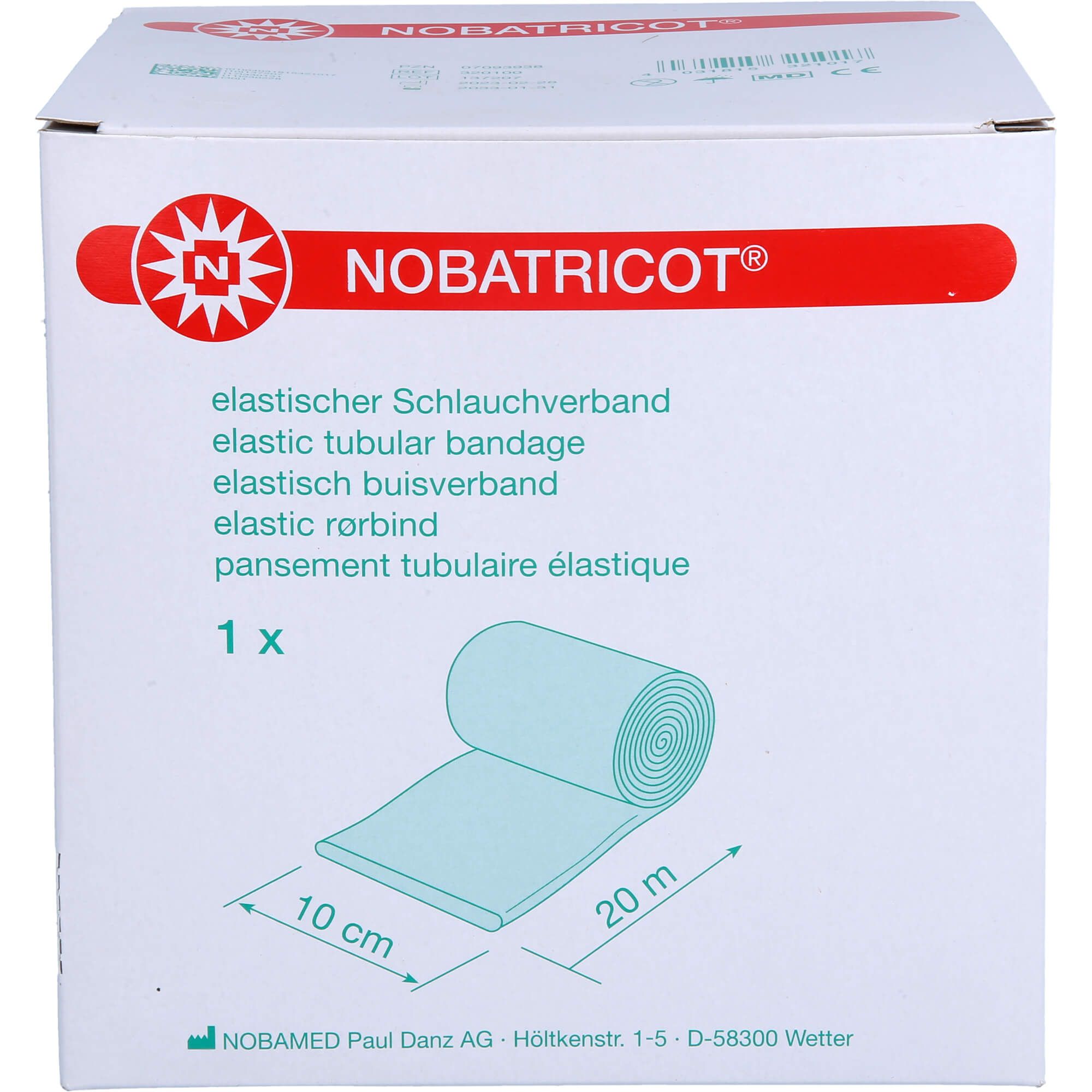 Verpackung mit elastischem Trikotschlauch. Aufdruck: NOBATRICOT, 10 cm x 20 m. Rolle des Schlauchs und Verpackung mit Produktinformationen.