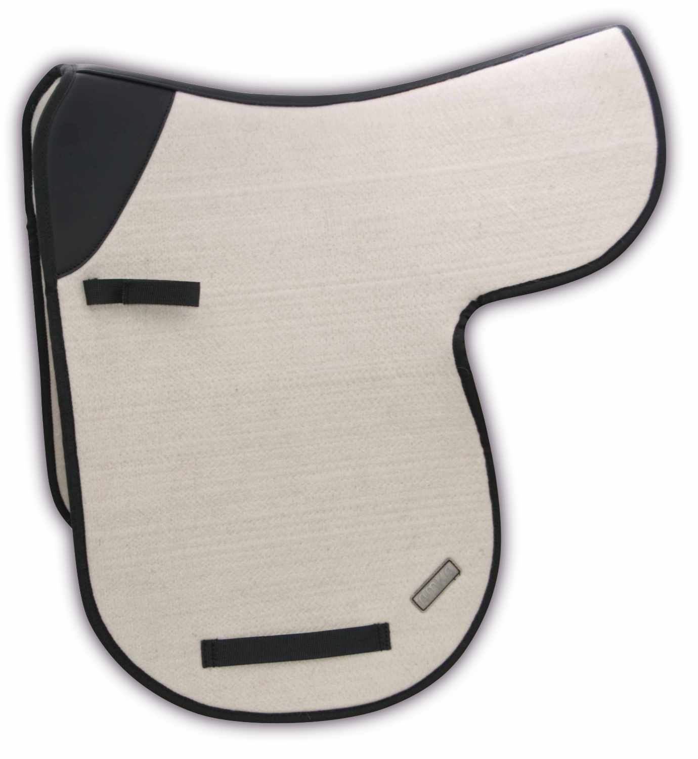 Beige Filzsatteldecke mit schwarzem Rand und Details. Anatomische Form mit Schlaufen und Verstärkungen.
