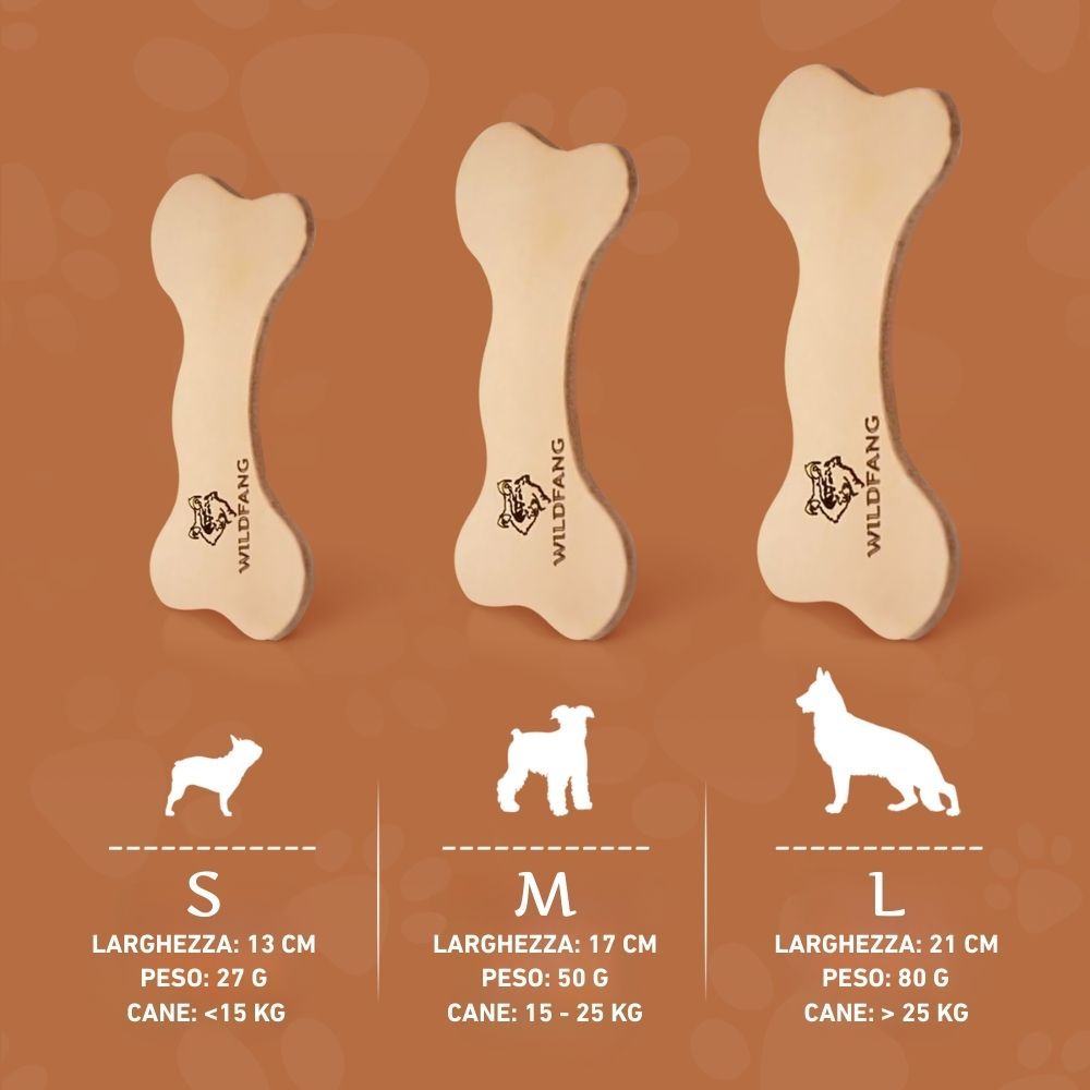 Drei Lederknochen in verschiedenen Größen. Auf jedem Knochen ist das WILDFANG® Logo zu sehen. Größenangaben: S, M, L.