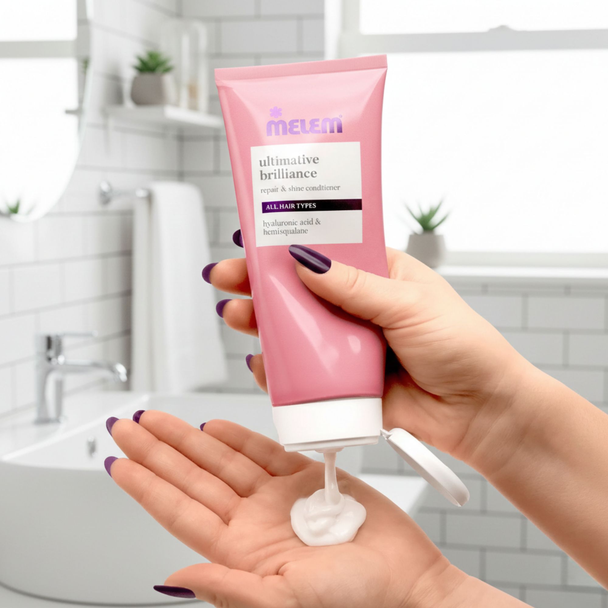 Rosa Tube mit weißem Verschluss. Produkt wird in die Hand gedrückt. Aufschrift: Melem, ultimative Brillanz, Repair & Shine Conditioner.