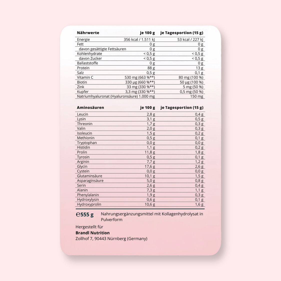 Nährwerttabelle. Angaben pro 100g und pro Portion (15g). Enthält Energie, Fett, Kohlenhydrate, Protein, Salz, Vitamin C, Zink, Kupfer.
