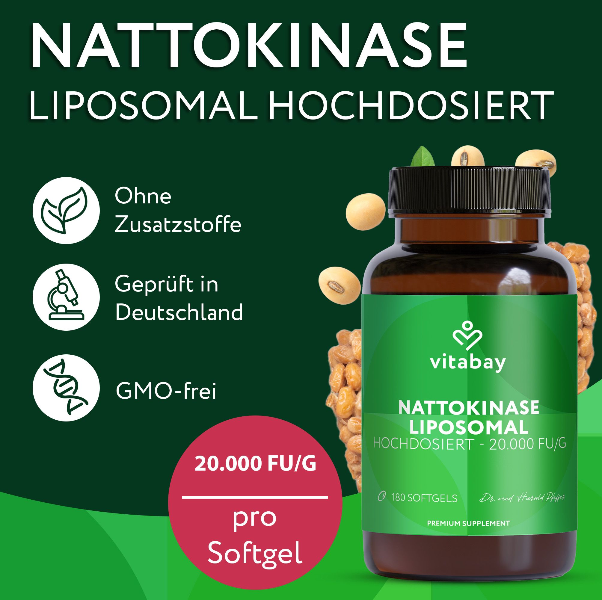Vitabay Nattokinase Liposomal Hochdosiert: Flasche, ohne Zusatzstoffe, geprüft in Deutschland.