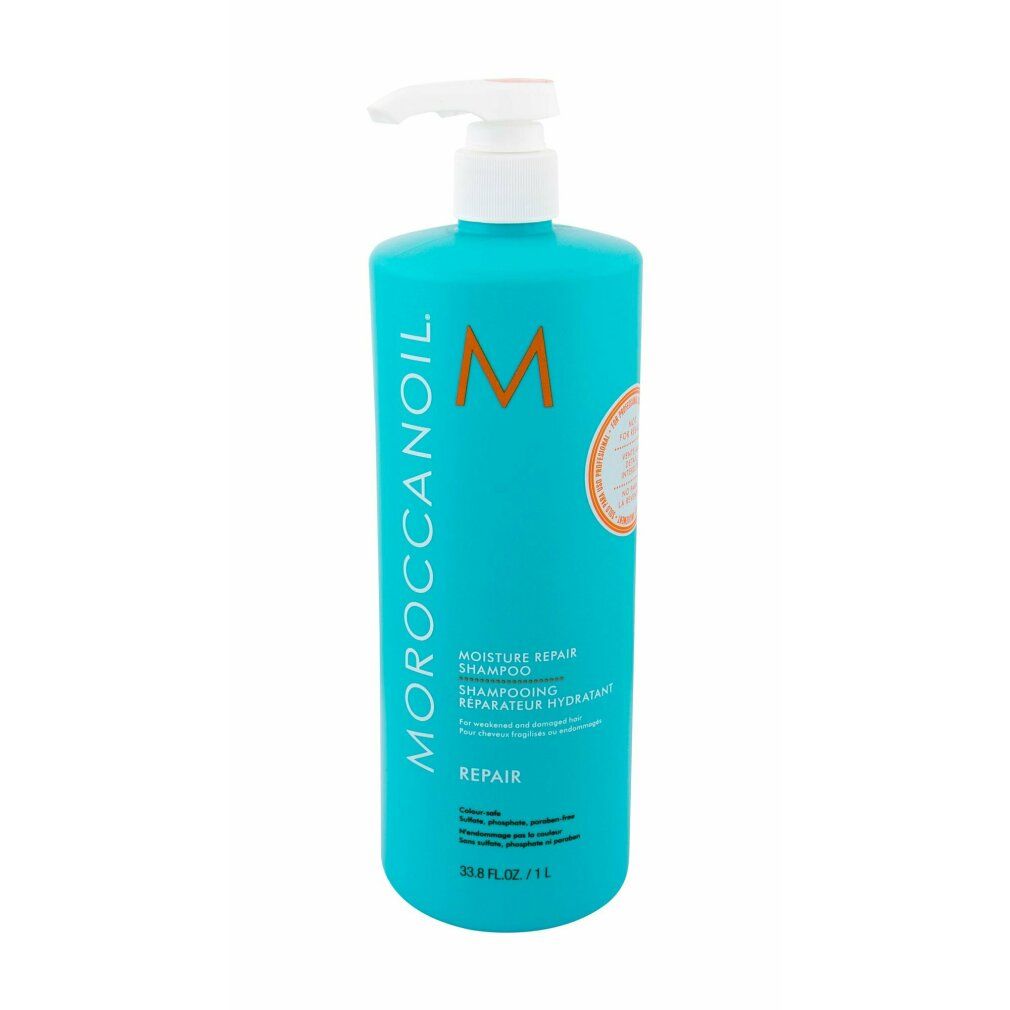 Türkisfarbene Shampoo-Flasche mit weißem Pumpkopf. Aufschrift: Moroccanoil, Moisture Repair Shampoo, Repair. Orangefarbenes Logo und Etikett.