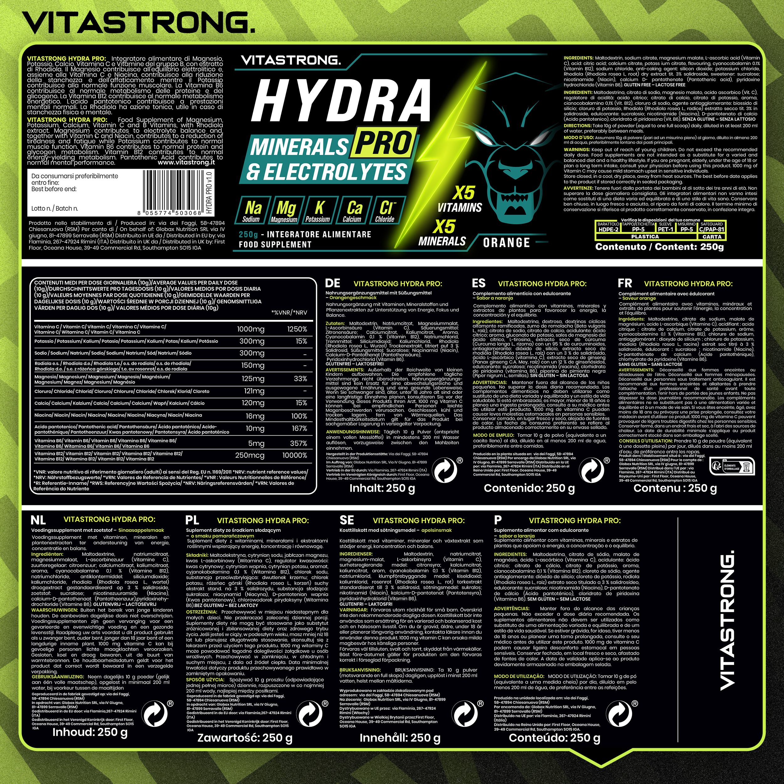 Produkt-Dose "HYDRA PRO" mit Inhaltsstoffen. Text: Mineralien und Elektrolyte. Vitastrong.