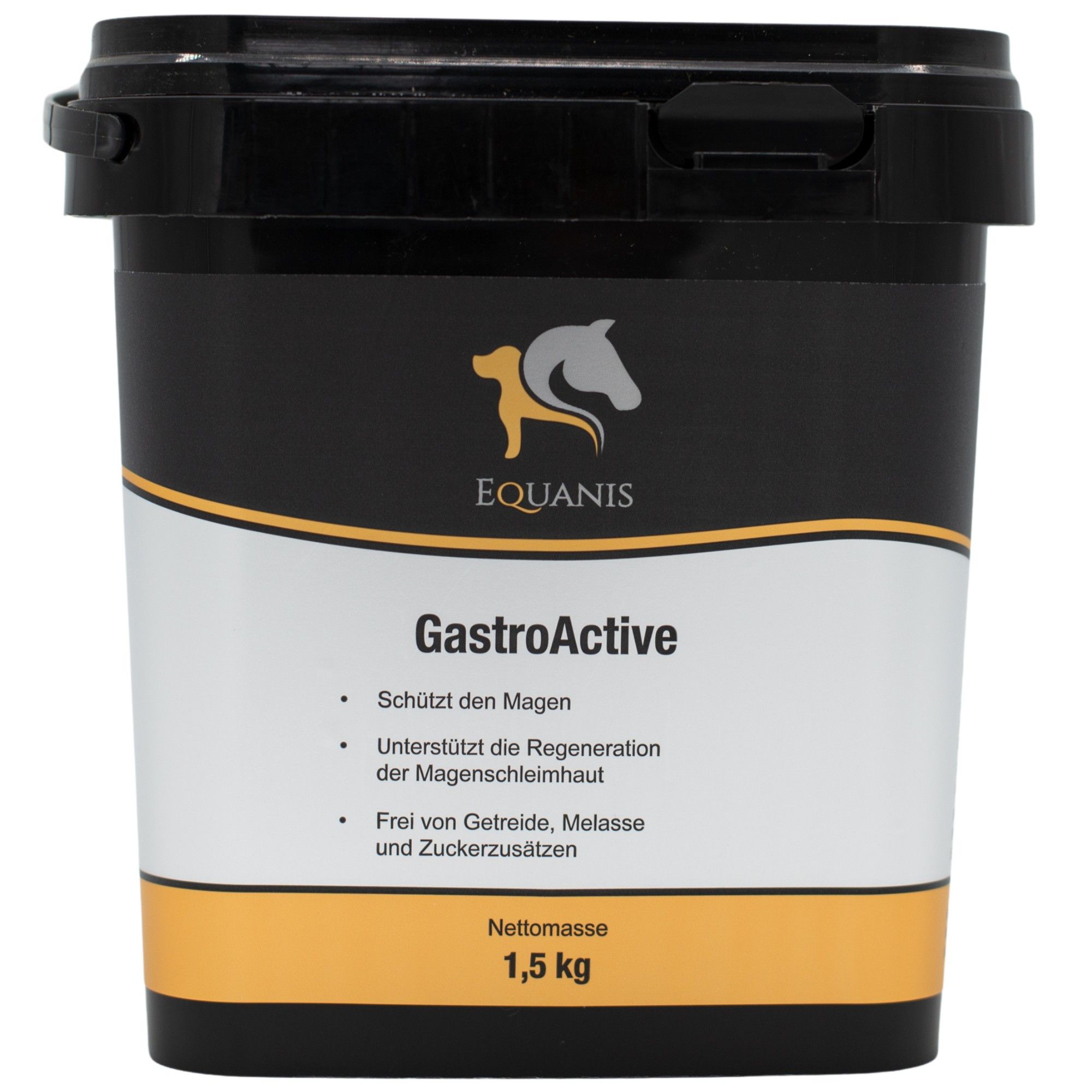 Schwarzer Eimer mit Produktinformationen. Aufschrift: Equanis GastroActive. Enthält 1,5 kg. Frei von Getreide, Melasse und Zuckerzusätzen.