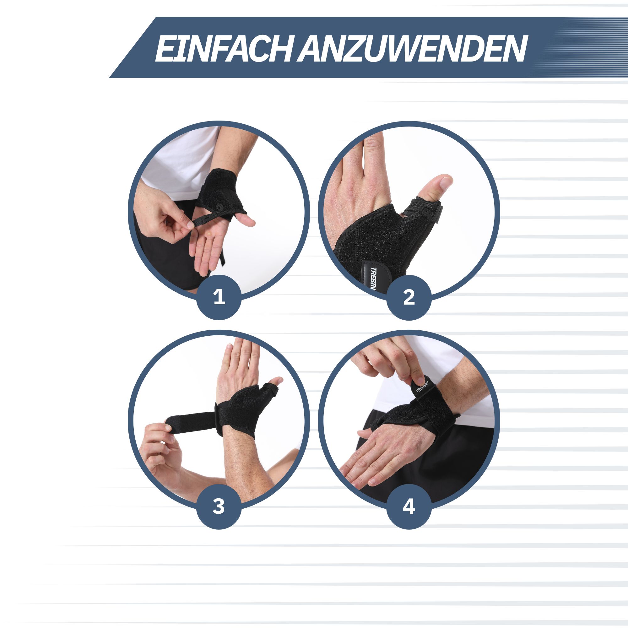 Vier Schritte zur Anwendung eines schwarzen Daumen-Stabilisators.