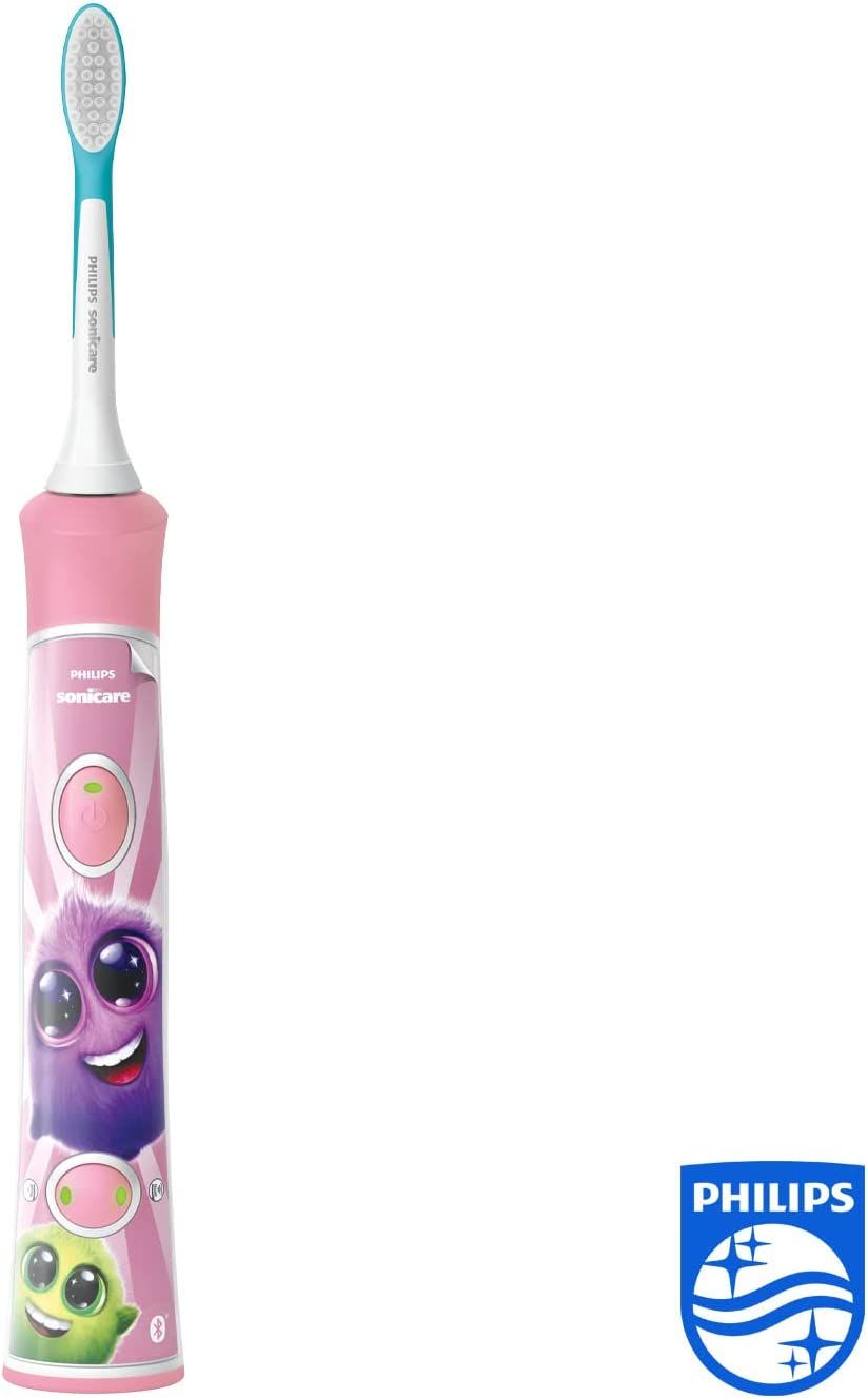 Pinke elektrische Zahnbürste für Kinder. Aufdrucke: Philips Sonicare, Bluetooth. Mit Bürstenkopf. Logo: Philips.