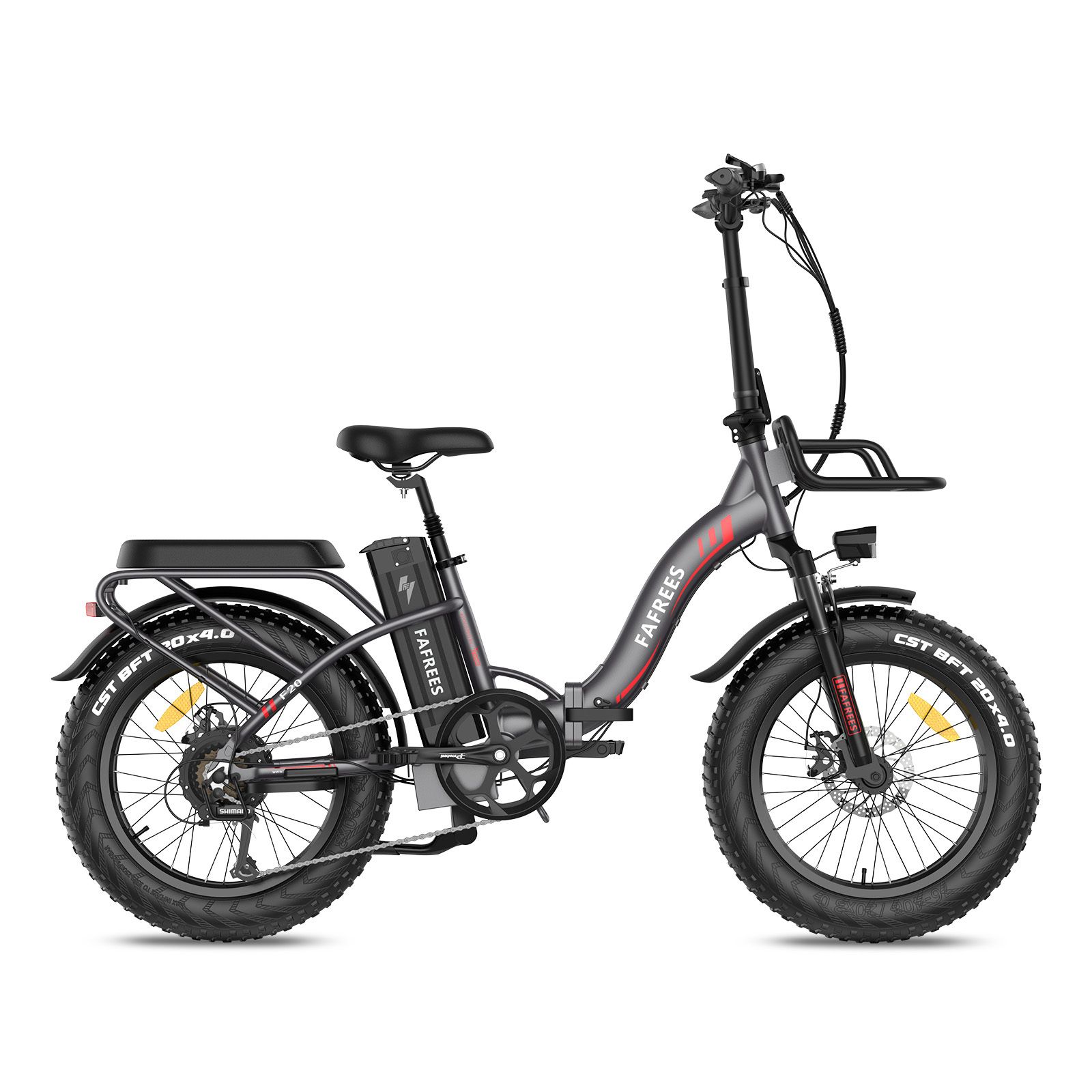 Faltbares E-Bike Fafrees F20 Max, grau mit roten Akzenten. Schwarze Reifen, Gepäckträger und Korb. Sichtbare Marke.