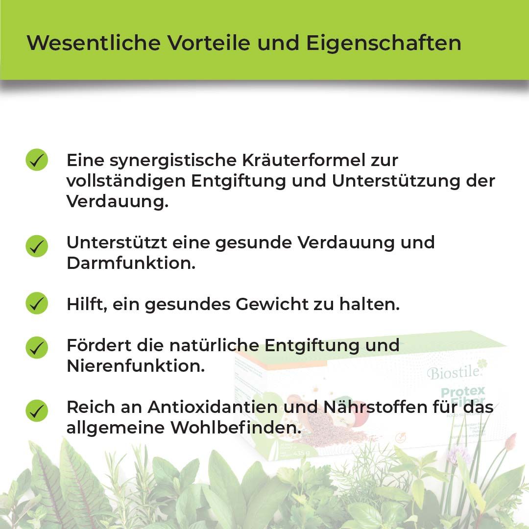 Vorteile von Biostile Protex Tee: Unterstützung für Verdauung, Nierenfunktion, Gewichtskontrolle und Entgiftung.
