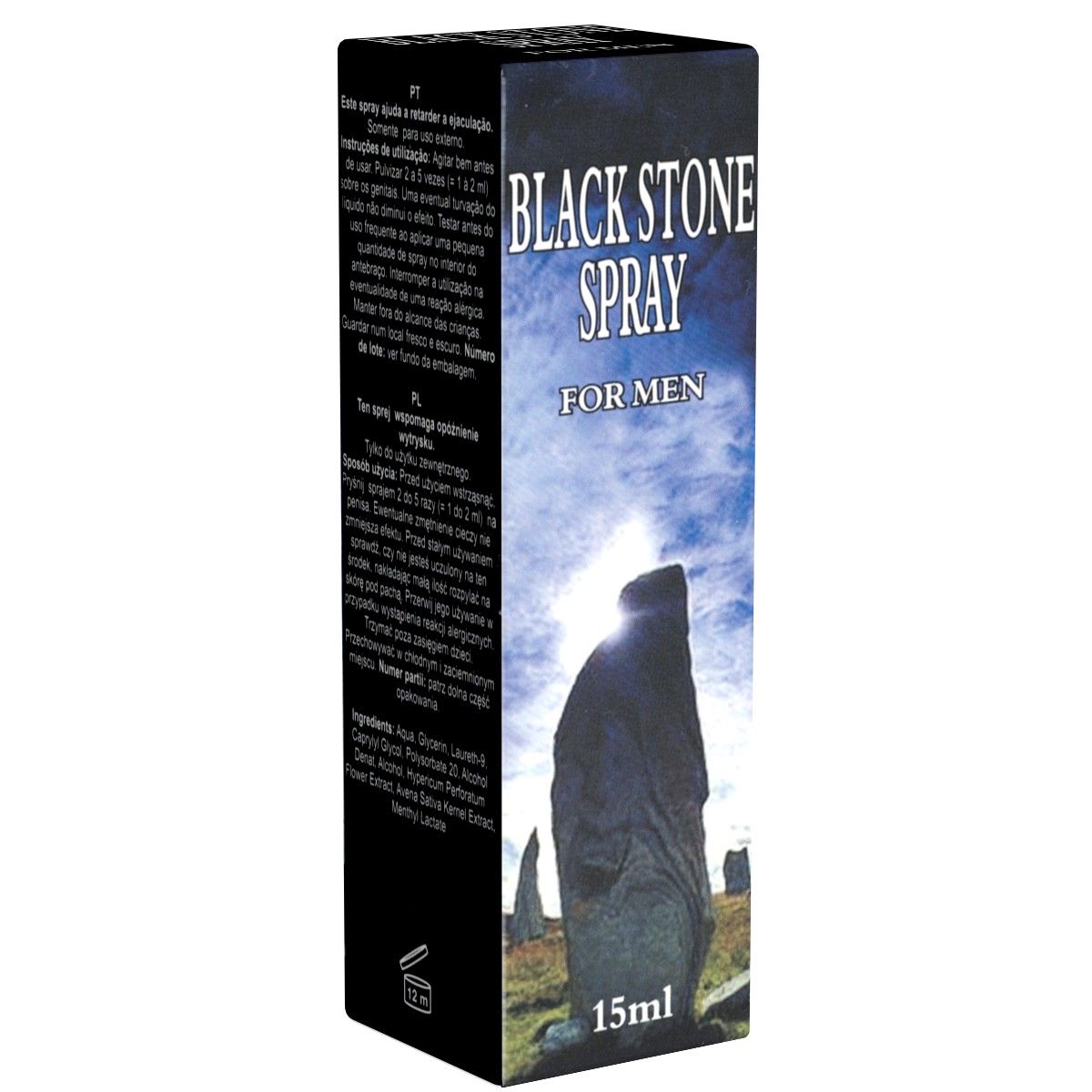 Schachtel mit Text und Sprayflasche. Aufschrift: Black Stone Spray For Men. Flasche mit Sprühkopf. Schachtel mit Text.