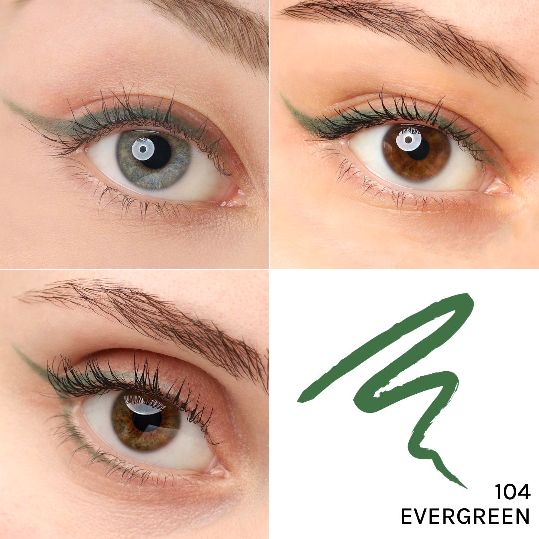 Vier Nahaufnahmen von Augen mit grünem Kajal-Eyeliner. Rechts unten: Farbstrich und Text "104 EVERGREEN".